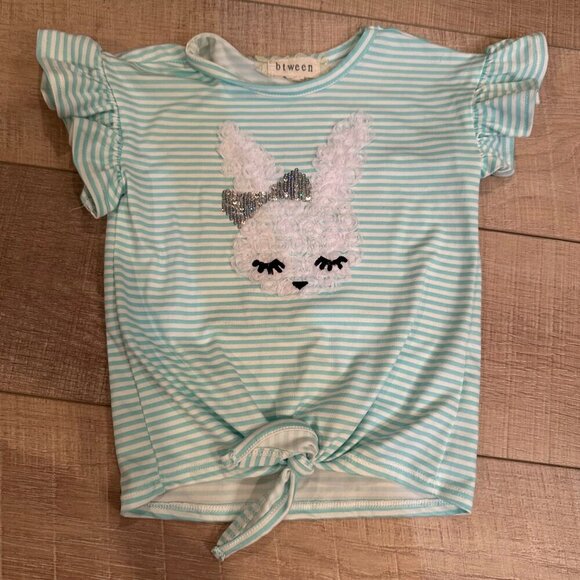 BTWEEN GIRLS 3T BUNNY RABBIT SHIRT SUPER SOFT BLUE AND WHITE - Picture 1 of 5